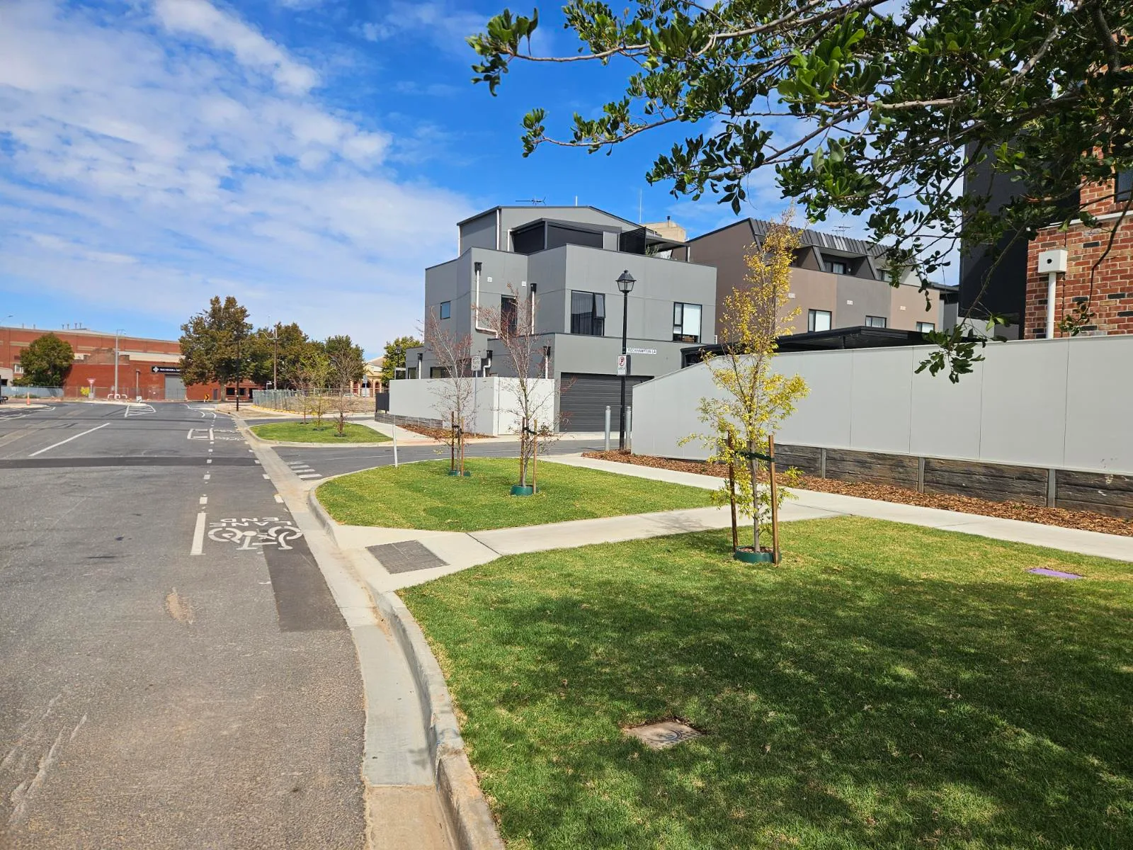 Corner block nature strip finished with turf and young trees