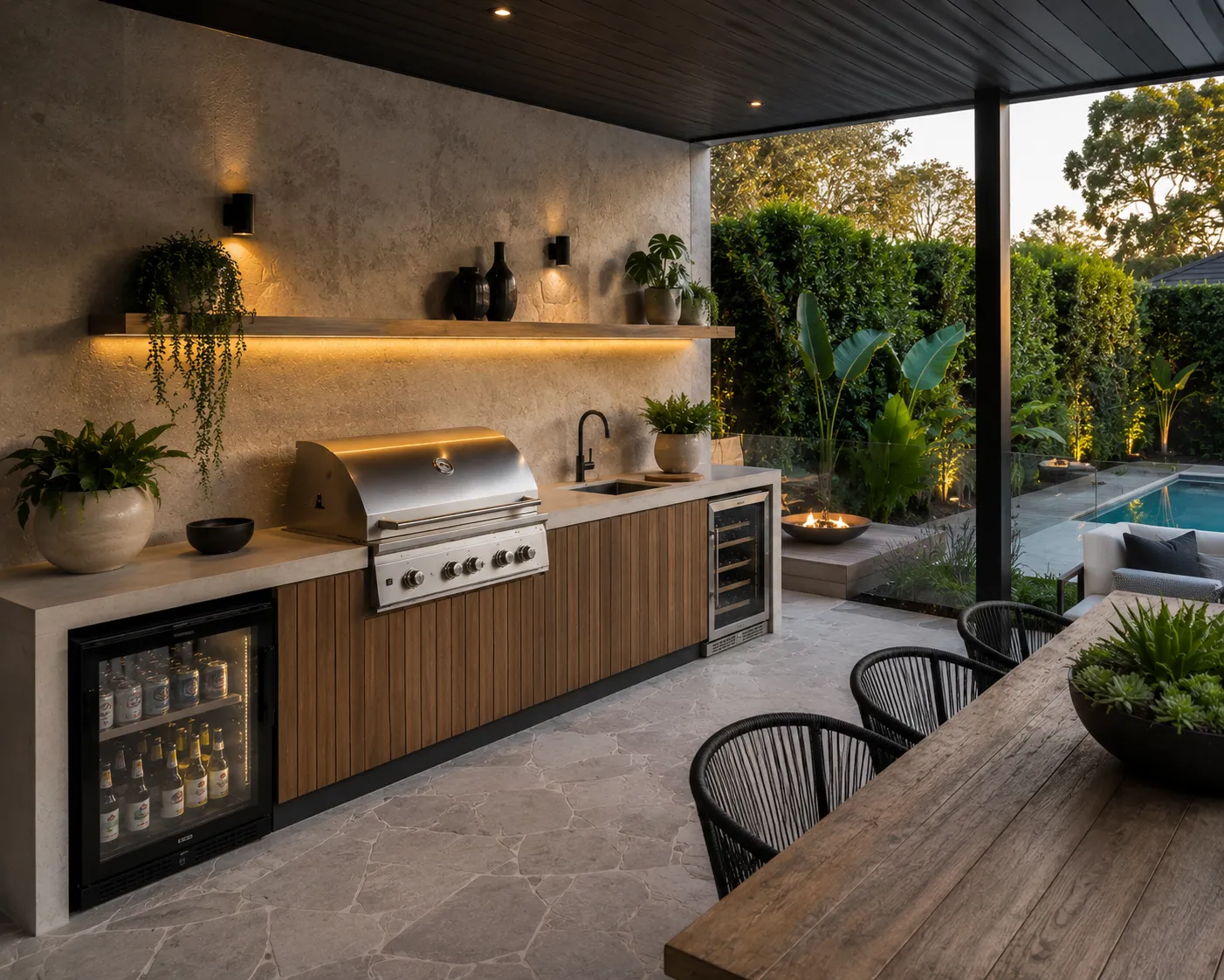 Outdoor kitchen with barbecue, bar fridge and dining table beside a pool