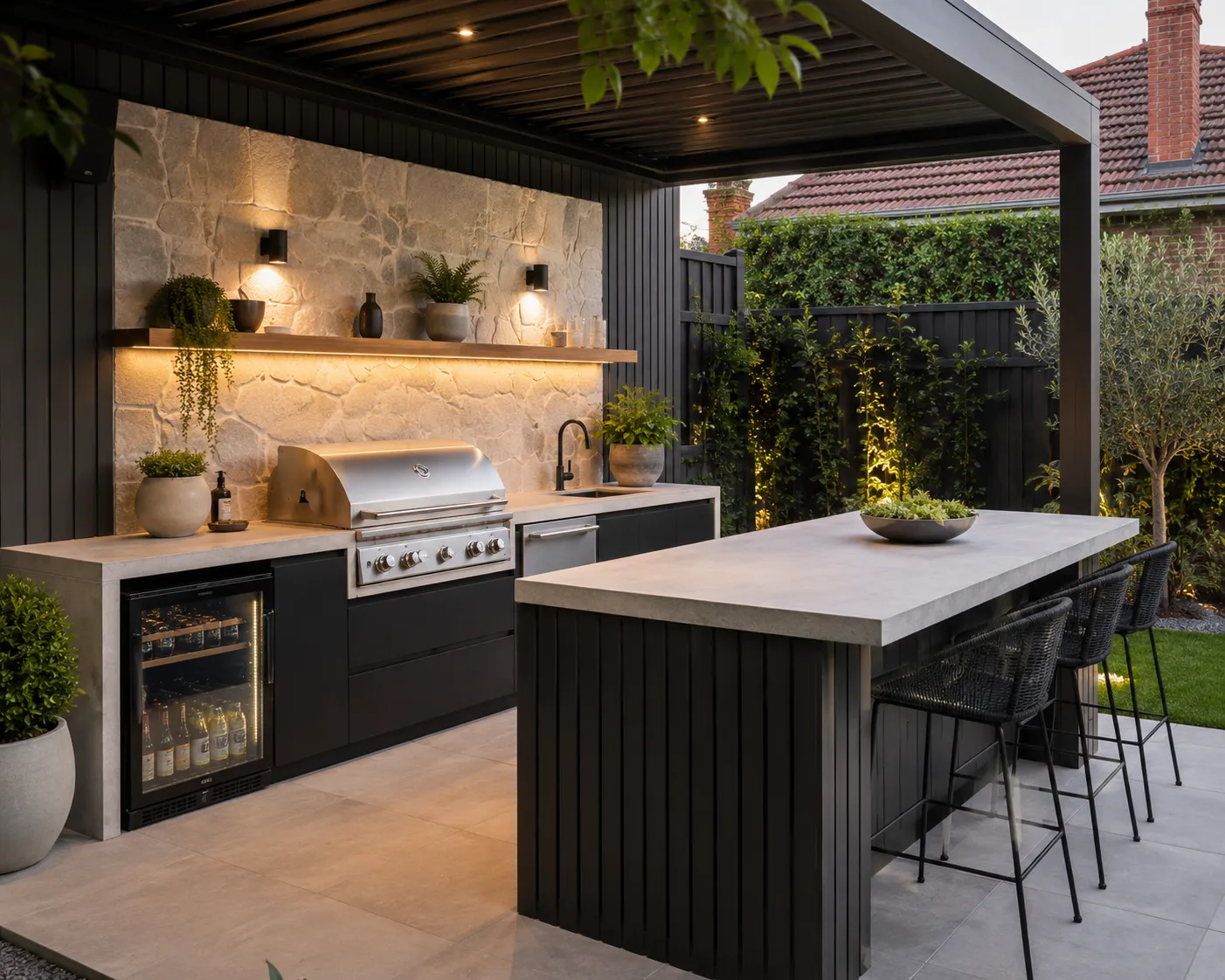 Outdoor kitchen and bar under a pergola with stone splashback and feature lighting