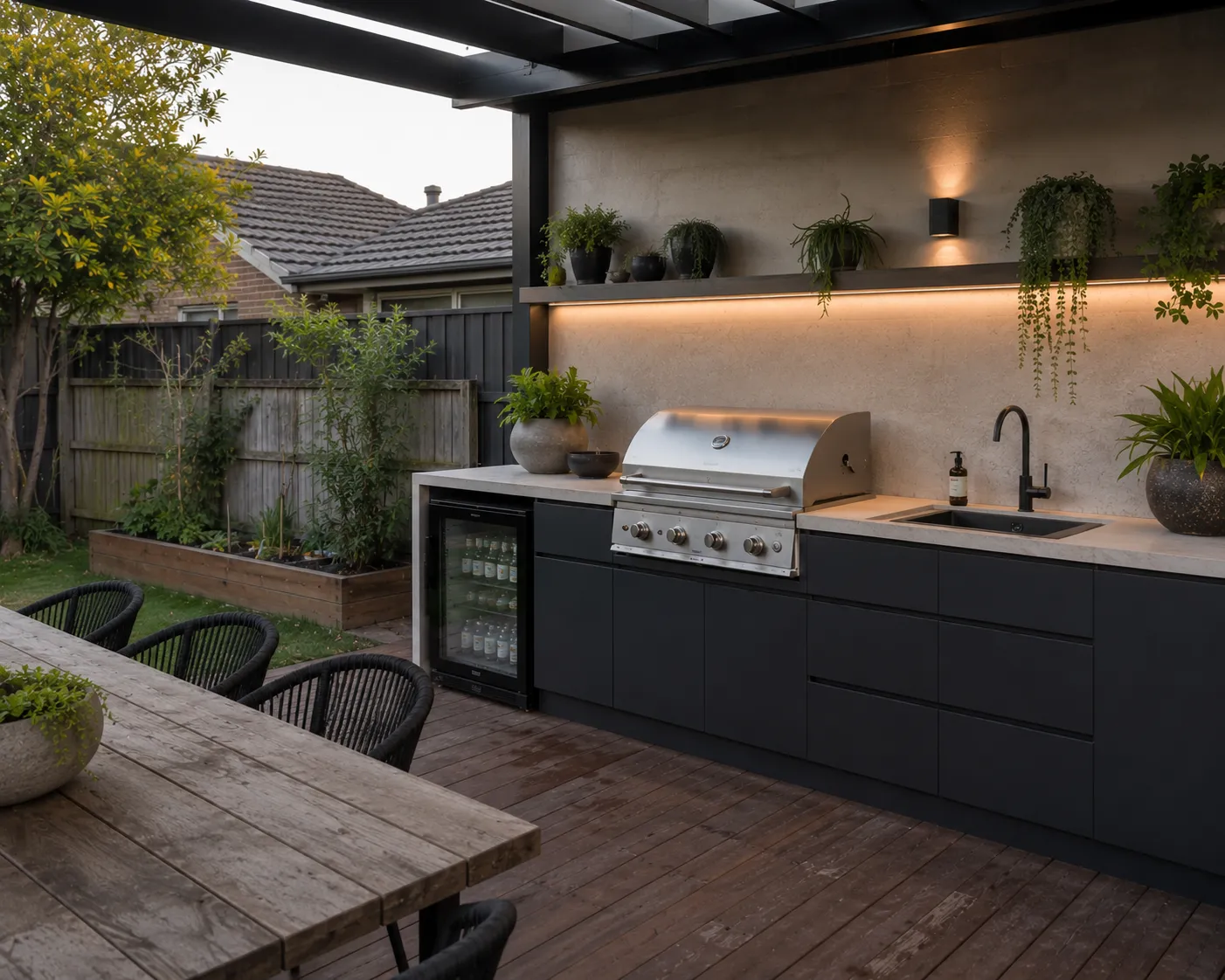Outdoor kitchen with built-in barbecue, sink and open shelving beside a timber deck